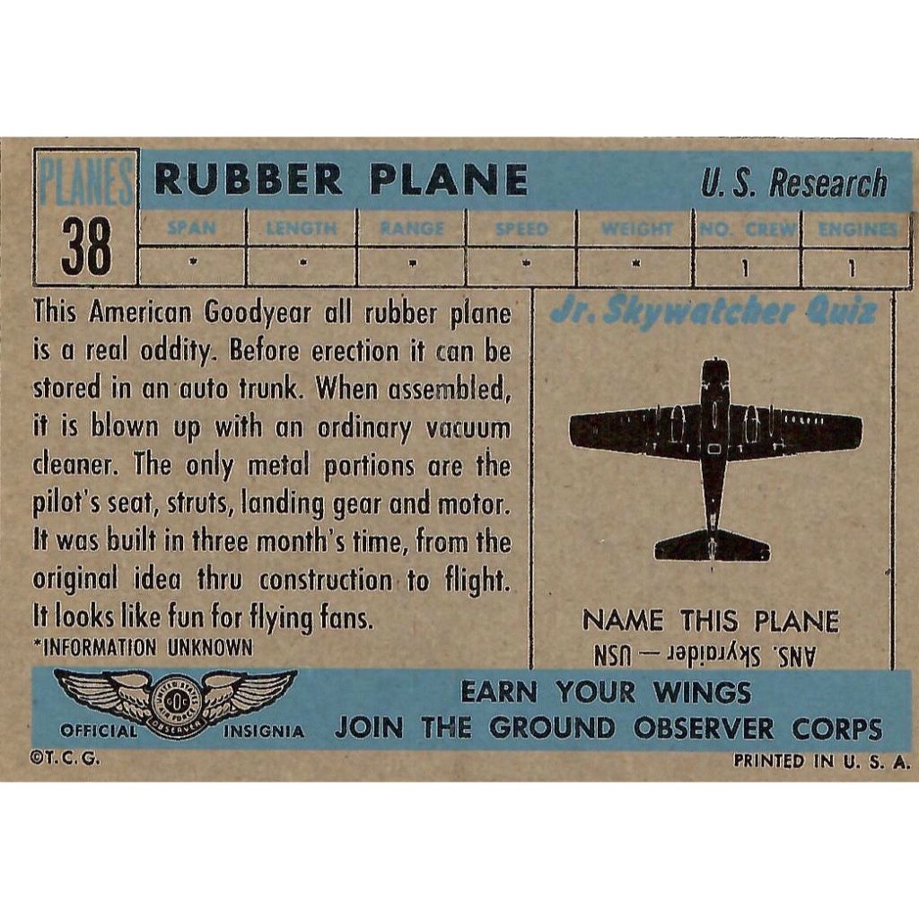 Info on a Rubber Plane. Back of a 1957 "Planes of the World" card from Topps.