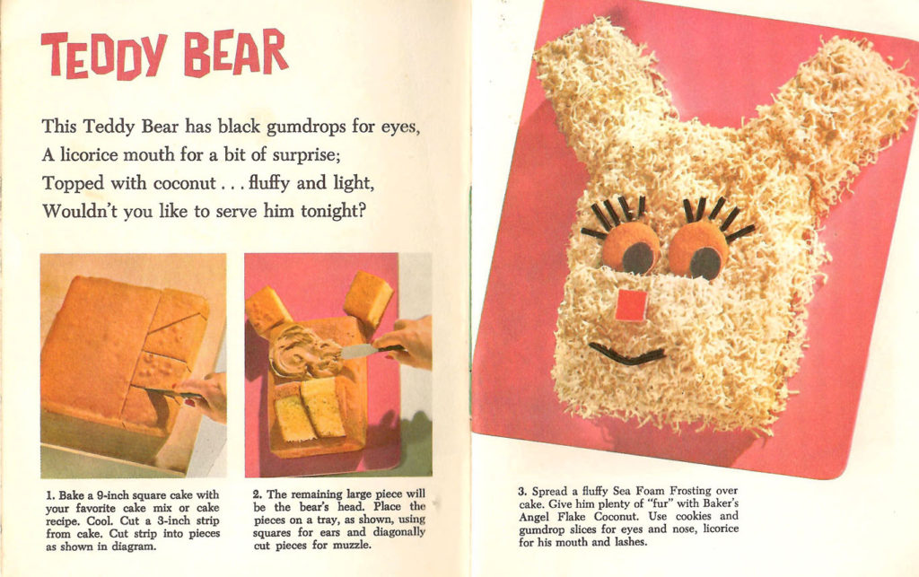 Instructions to bake a Teddy Bear Cake. Published by Baker's Coconut in 1959.