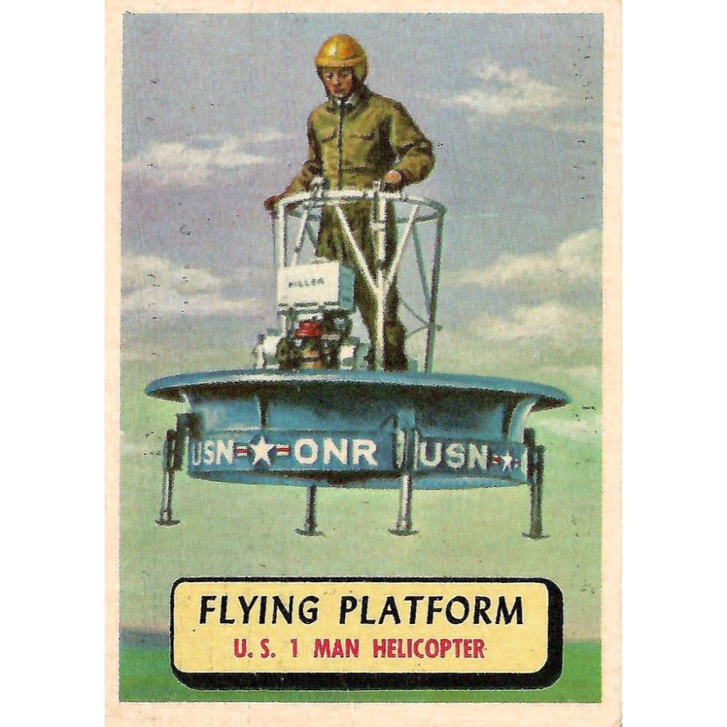 Painting of a Flying Platform. Front of a 1957 "Planes of the World" card from Topps.