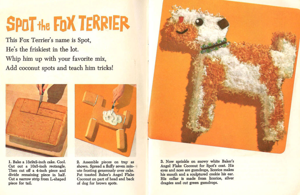 Instructions to bake a Fox Terrier Cake. Published by Baker's Coconut in 1959.