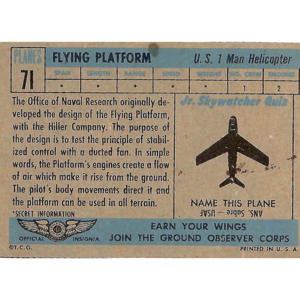 Info on a Flying Platform. Back of a 1957 "Planes of the World" card from Topps.