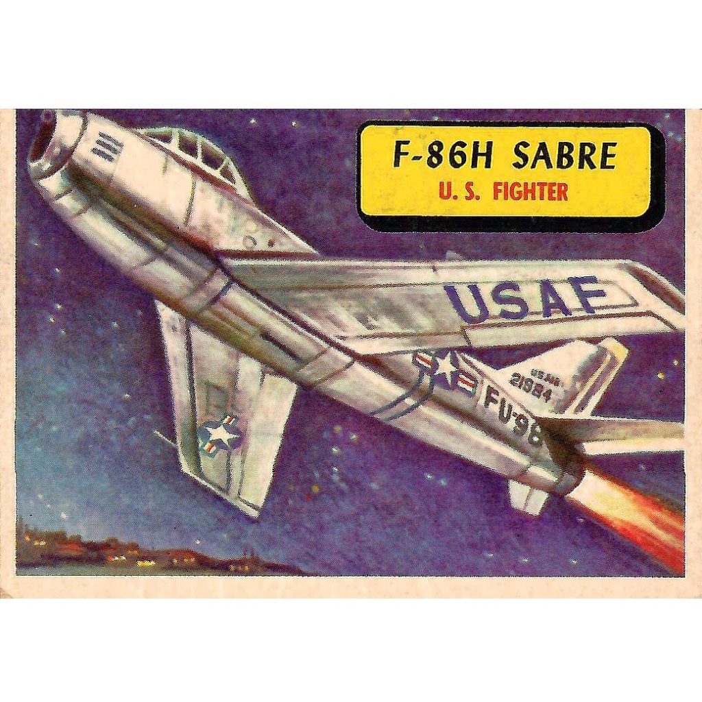 Painting of a Sabre Jet. Front of a 1957 "Planes of the World" card from Topps.