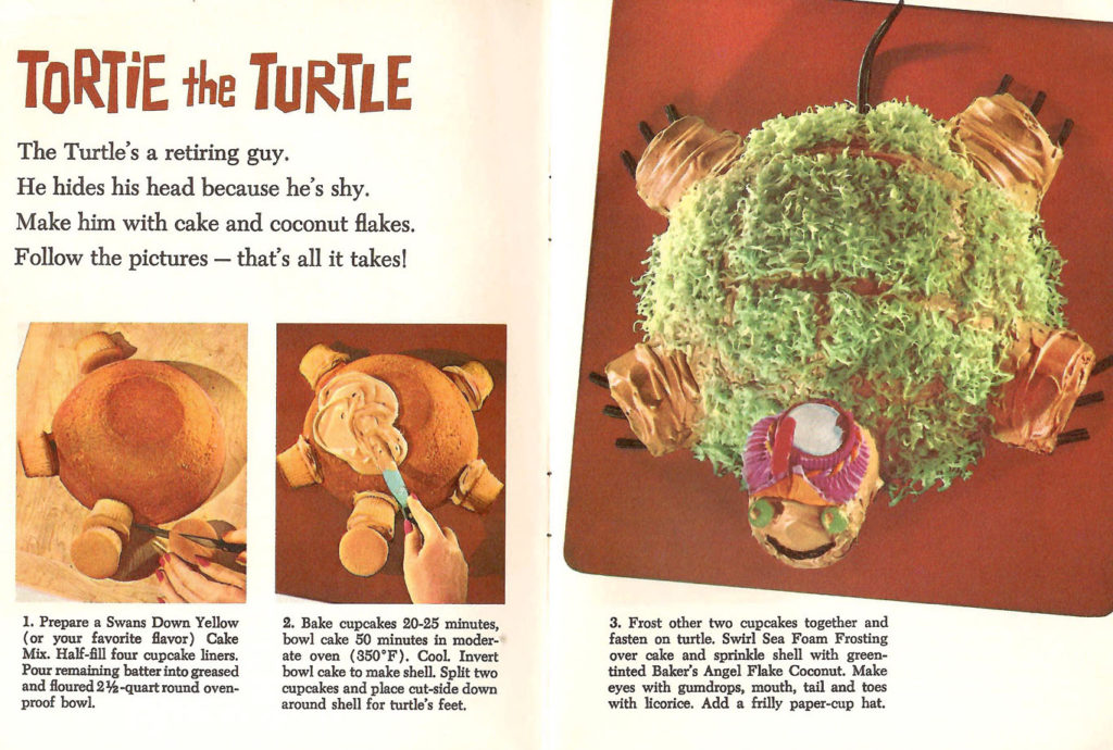 Instructions to bake a Tortie the Turtle Cake. Published by Baker's Coconut in 1959.