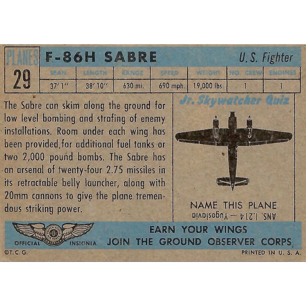 Info on a Sabre Jet. Back of a 1957 "Planes of the World" card from Topps.