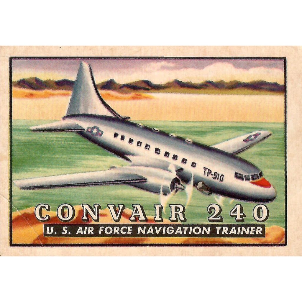 Painting of a Convair 240 airplane. Front of a 1957 "Planes of the World" card from Topps.