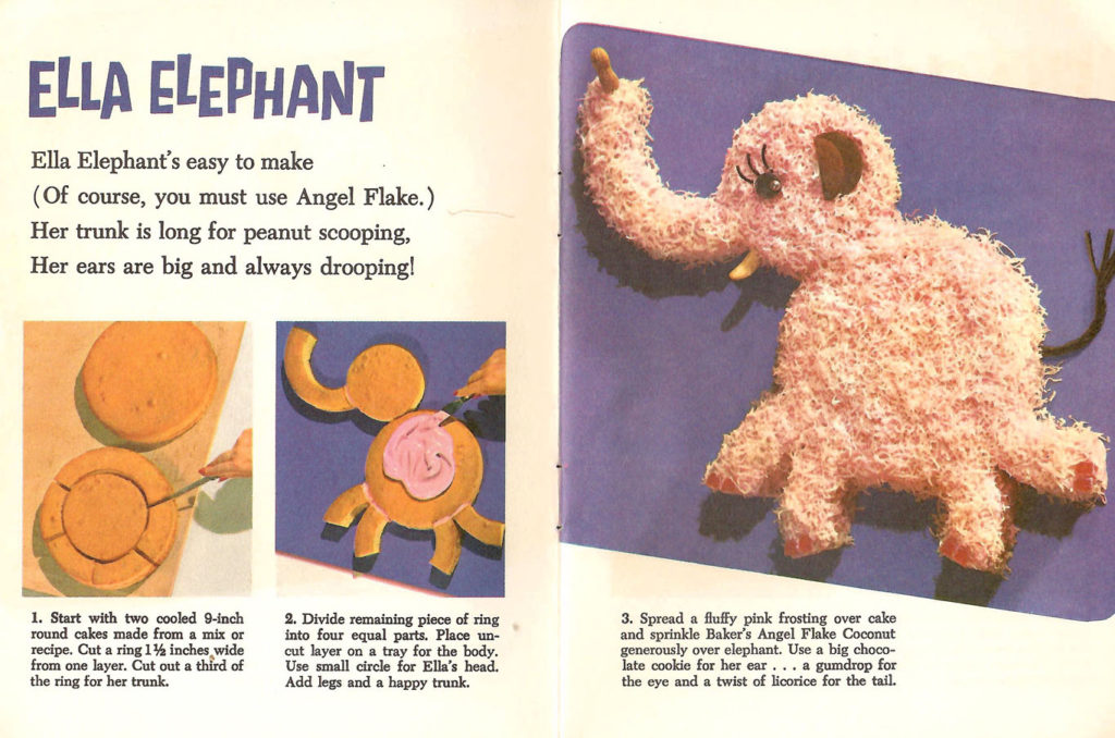 Instructions to bake an Elephant Cake. Published by Baker's Coconut in 1959.