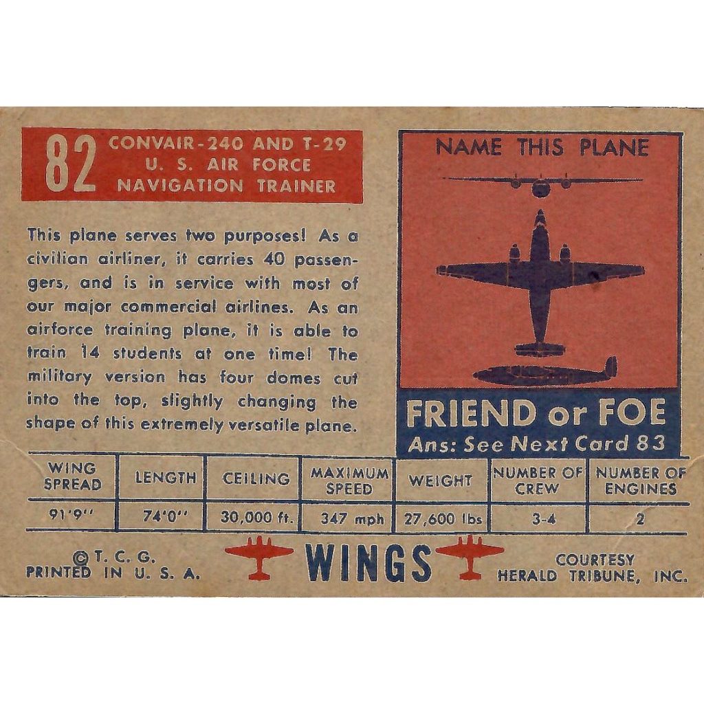 Info about a Convair 240 airplane. Back of a 1957 "Planes of the World" card from Topps.
