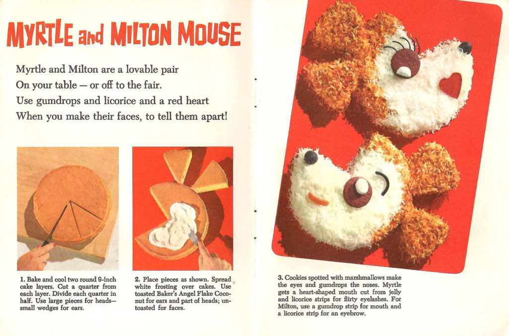 Instructions to bake a Myrtle and Milton Mouse Cake. Published by Baker's Coconut in 1959.