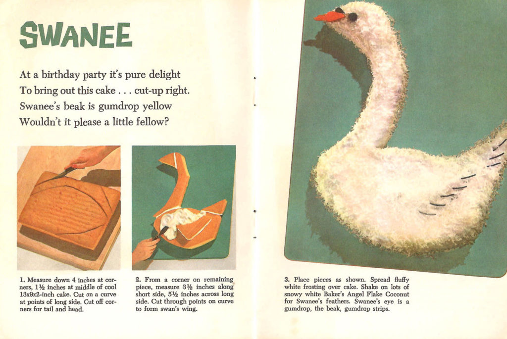 Instructions to bake a Swan Cake. Published by Baker's Coconut in 1959.