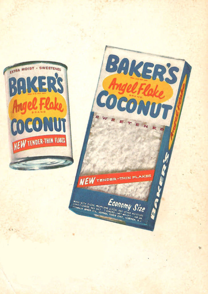 Back of a brochure published by Baker's Coconut in 1959, showing a painting of a can and box of Baker's Coconut.