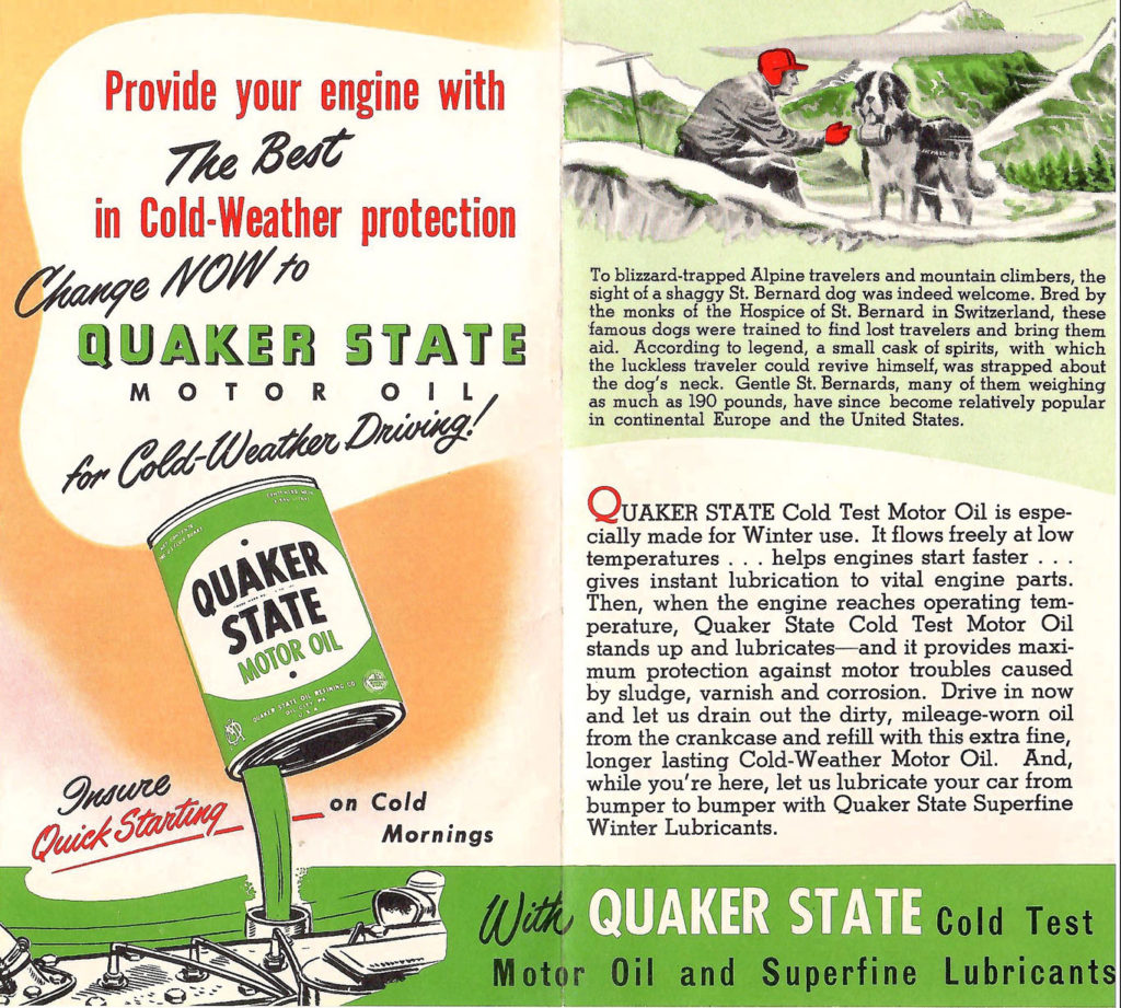 Cold Weather Lubricants. A 1950s booklet talking about Quaker state motor oil.