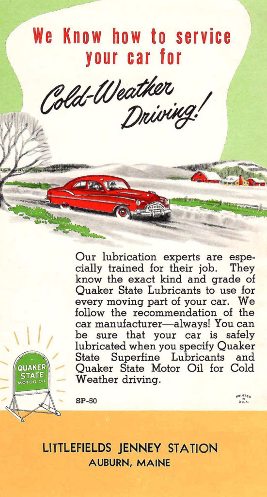 Cold Weather Driving. Article in a 1950s booklet focusing on Quaker state motor oil.