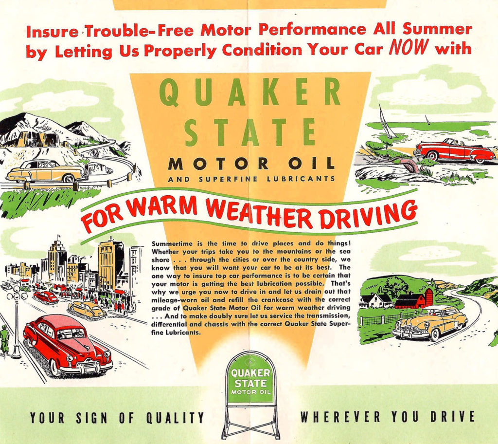 Warm Weather Driving. An article in a 1950s booklet focusing on Quaker state motor oil.