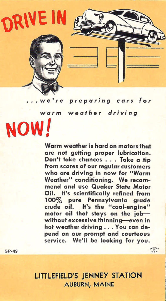 Drive in now! An article in a 1950s booklet focusing on Quaker state motor oil.