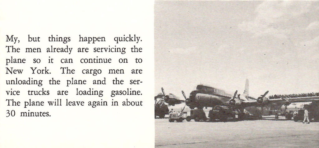 Unloading a DC-7. Part of a booklet published by United Airlines in the late 1950s going behind the scenes of a typical airport.