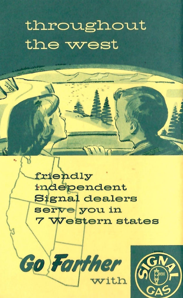 Travel throughout the west! Back cover of a mileage record book handed out by Signal Gas.