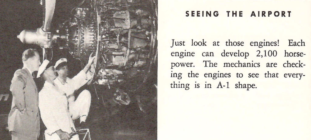The mighty airplane engine. Part of a booklet published by United Airlines in the late 1950s going behind the scenes of a typical airport.