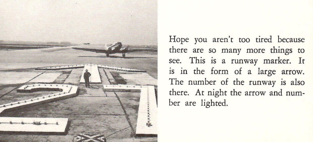 A runway marker. Part of a booklet published by United Airlines in the late 1950s going behind the scenes of a typical airport.