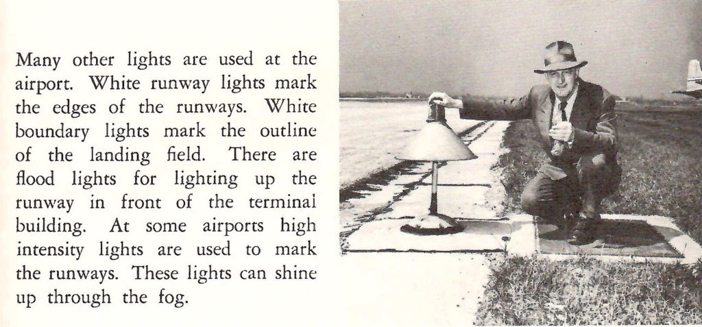 Runway lights. Part of a booklet published by United Airlines in the late 1950s going behind the scenes of a typical airport.