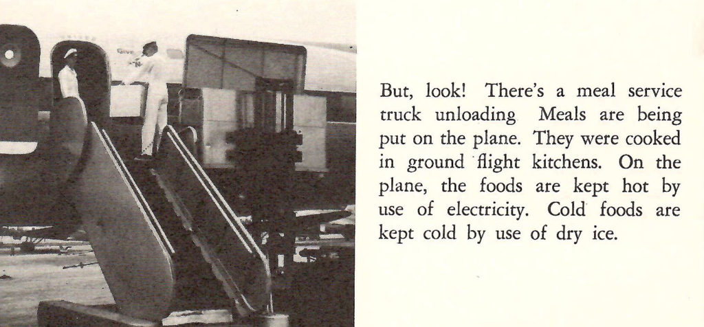 Loading meals onto a plane. Part of a booklet published by United Airlines in the late 1950s going behind the scenes of a typical airport.