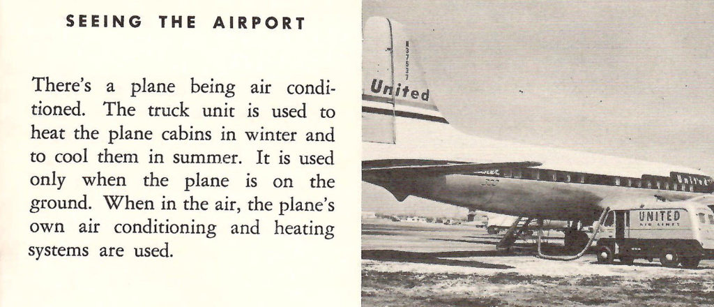 Servicing a planes heating and AC. Part of a booklet published by United Airlines in the late 1950s going behind the scenes of a typical airport.