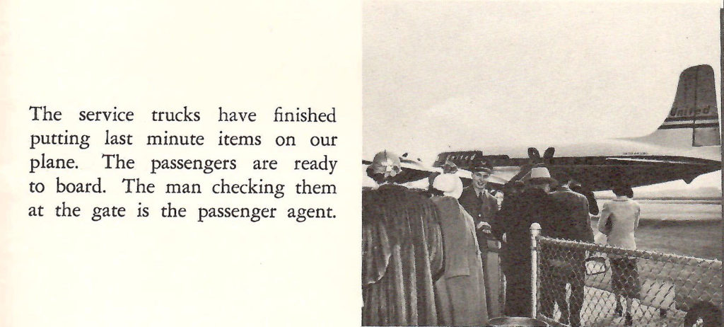 Passengers board a DC-7. Part of a booklet published by United Airlines in the late 1950s going behind the scenes of a typical airport.