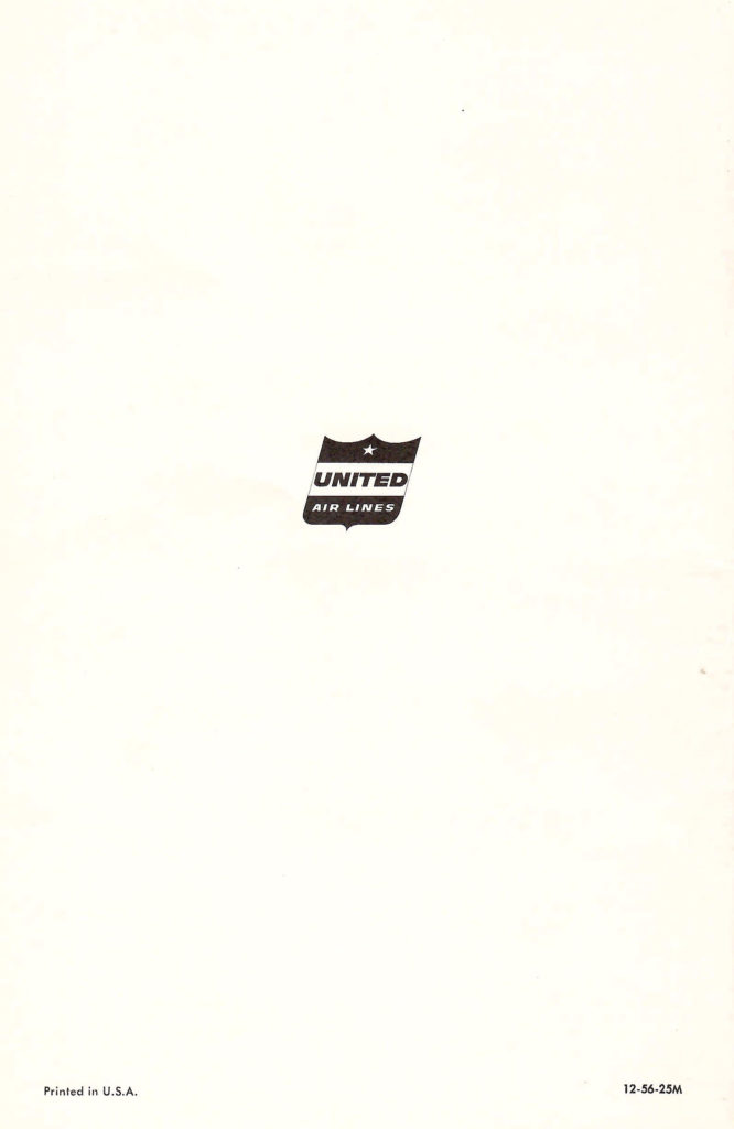 United Airlines logo. Back cover of a booklet published by United Airlines in the late 1950s going behind the scenes of a typical airport.