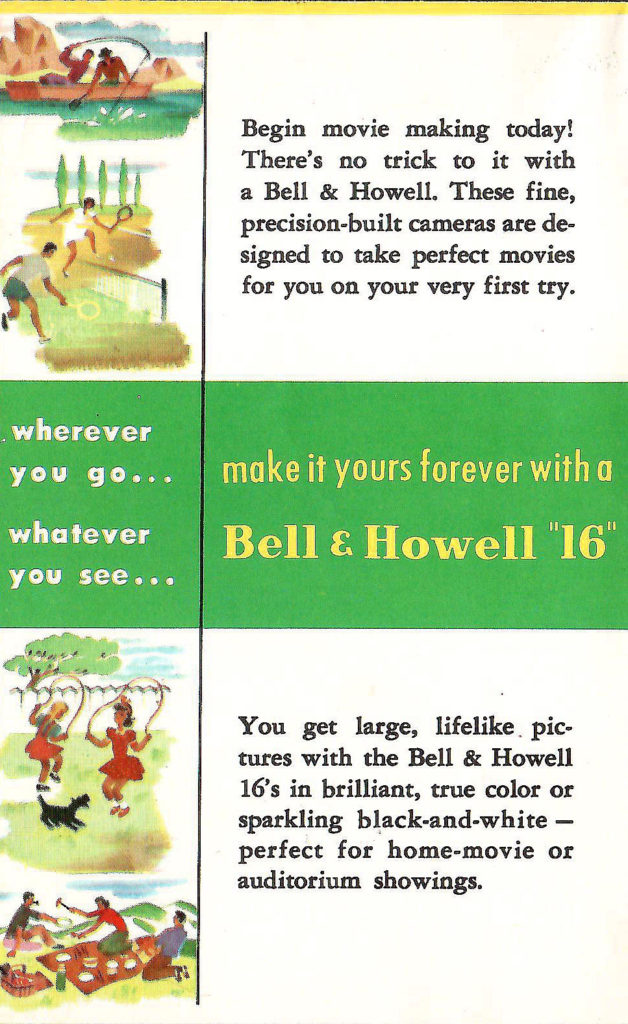 Begin Movie Making! Advertisement in a brochure featuring cameras and projectors made by Bell & Howell in the 1950s.