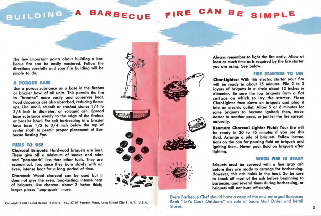 Building a BBQ fire can be simple. Article in a pamphlet published by Sears in 1958 with recipes and ideas for barbecuing fun.