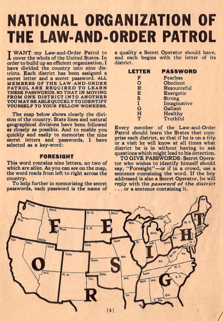 National organization of the Law and Order Patrol. Article in a 1937 kids crime fighting booklet.