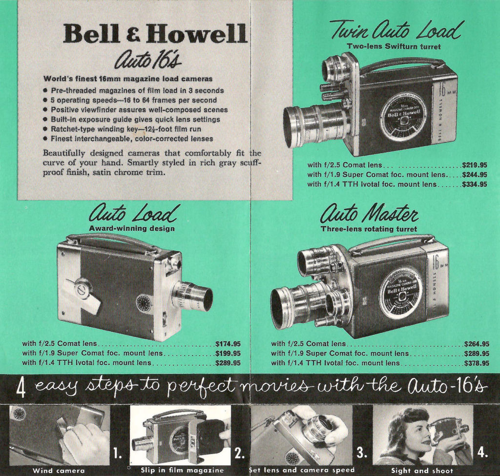 Bell & Howell line of 16 mm cameras. Advertisement in a brochure featuring cameras and projectors made by Bell & Howell in the 1950s.