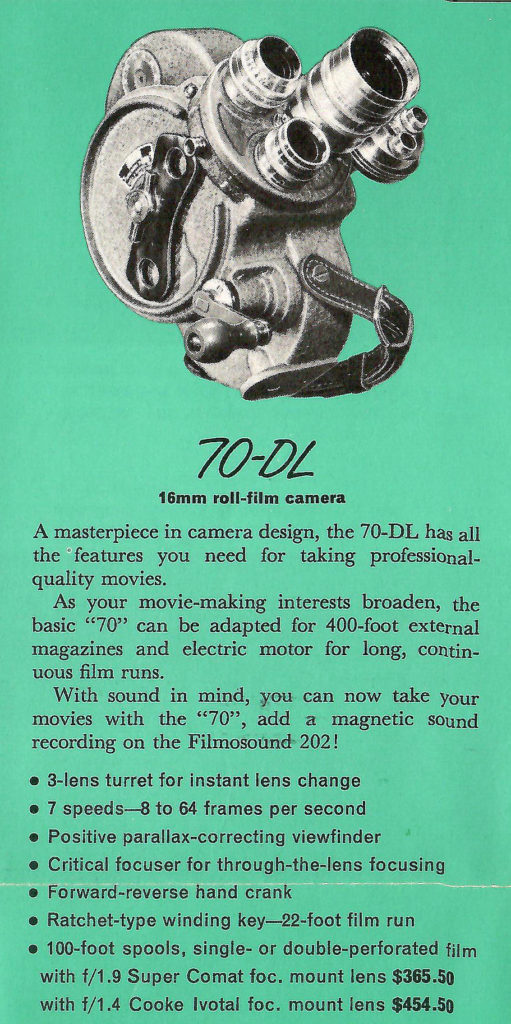 A 70-DL Camera made by Bell & Howell. Advertisement in a brochure featuring cameras and projectors made by Bell & Howell in the 1950s.