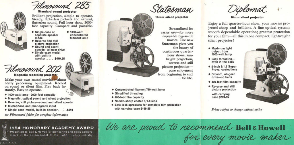 Bell & Howell line of 16 mm projectors. Advertisement in a brochure featuring cameras and projectors made by Bell & Howell in the 1950s.