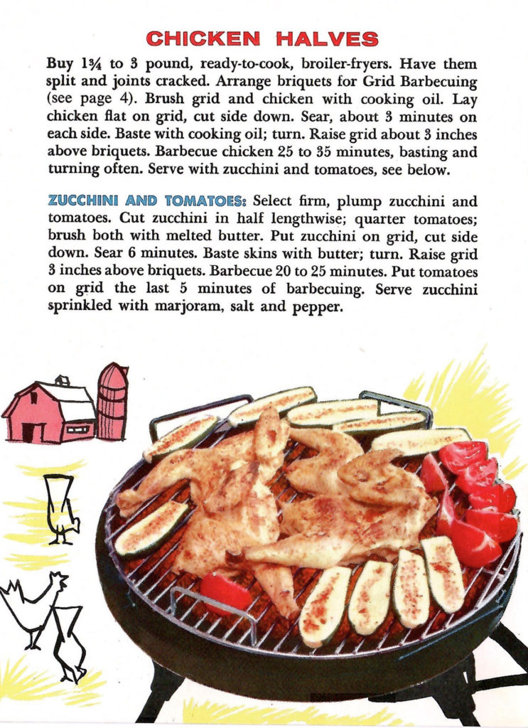 Tips to grill chicken. Article in a pamphlet published by Sears in 1958 with recipes and ideas for barbecuing fun.