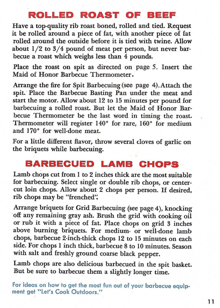 Tips on barbecuing roast beef and lamb chops. Article in a pamphlet published by Sears in 1958 with recipes and ideas for barbecuing fun.