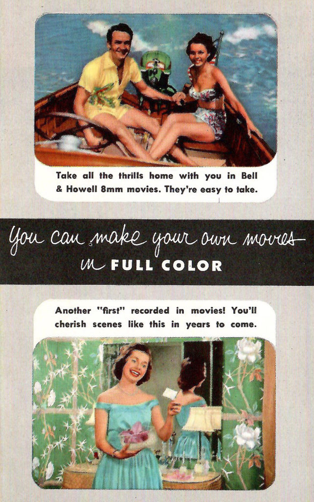 Shoot color movies! Advertisement in a brochure featuring cameras and projectors made by Bell & Howell in the 1950s.