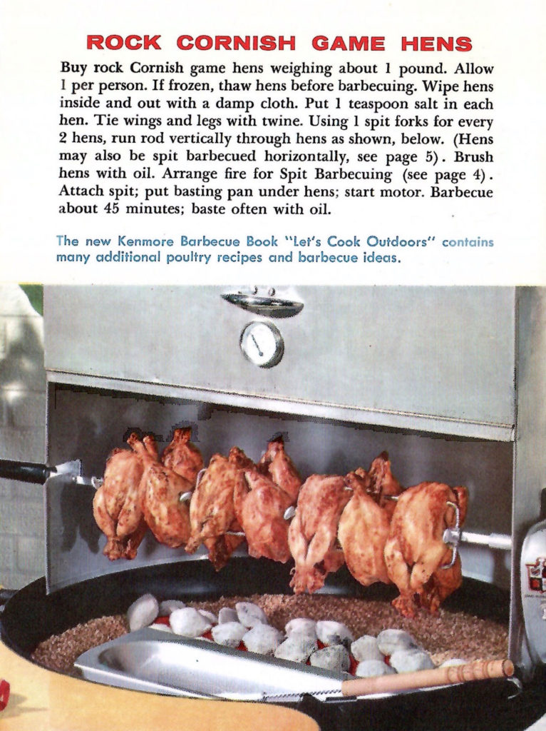 Tips to barbecue Rock Cornish Game Hens. Article in a pamphlet published by Sears in 1958 with recipes and ideas for barbecuing fun.