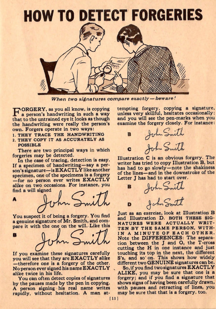 Forgeries! Article in a 1937 kids crime fighting booklet.