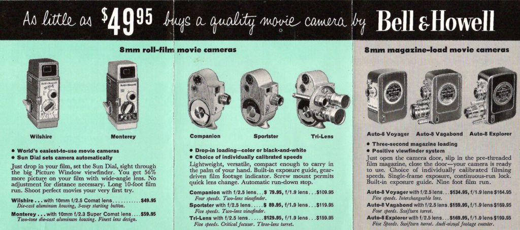 In the 1950s B&H cameras started at $49.95! Advertisement in a brochure featuring cameras and projectors made by Bell & Howell in the 1950s.