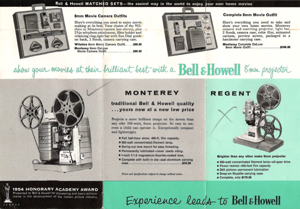 In the 1950s B&H offered matched sets of cameras and projectors. Advertisement in a brochure featuring cameras and projectors made by Bell & Howell in the 1950s.