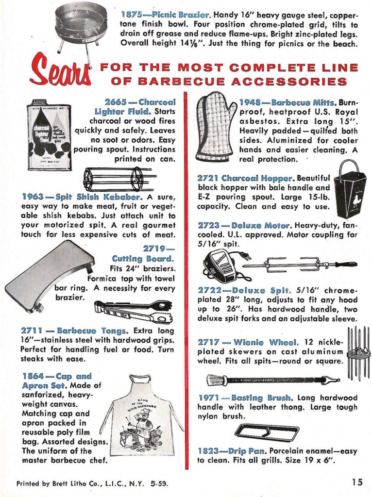 Barbecue accessories for sale at sears in 1958. Article in a pamphlet published by Sears with recipes and ideas for barbecuing fun.