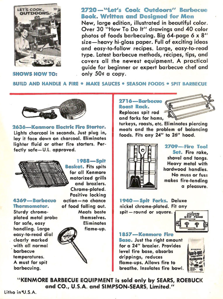 More barbecue accessories sold by sears in 1958. Article in a pamphlet published by Sears with recipes and ideas for barbecuing fun.