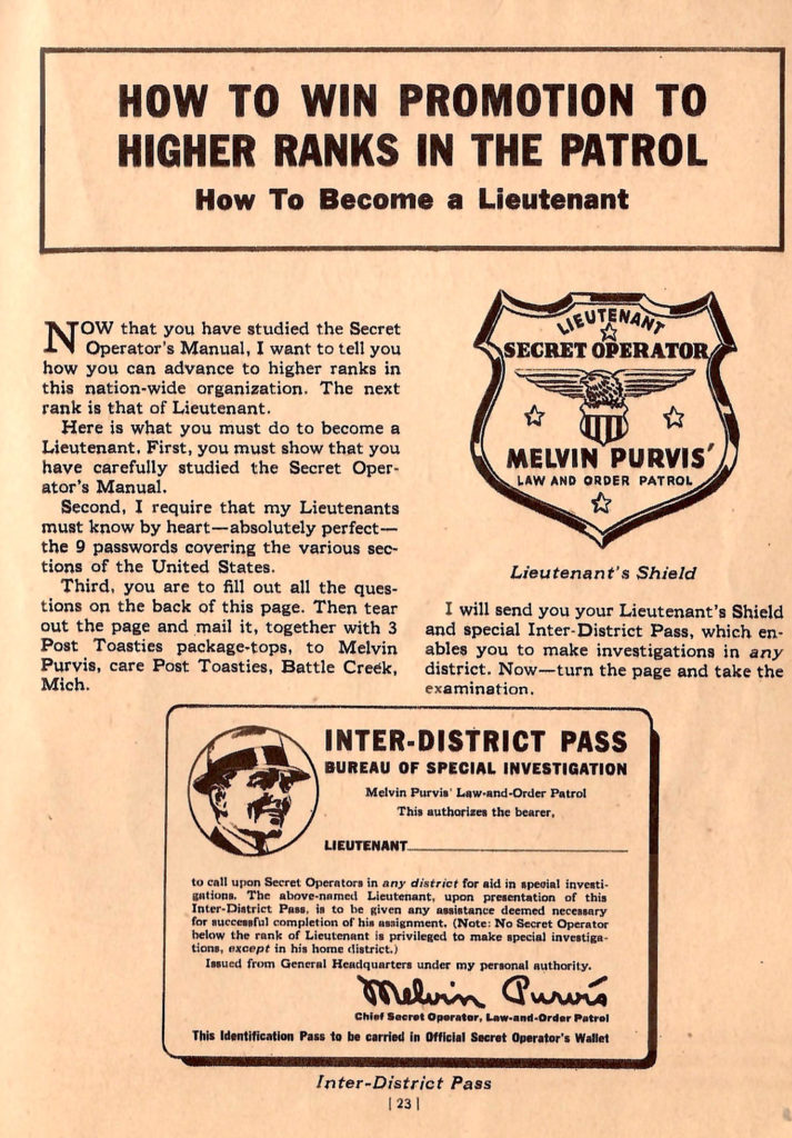 Win promotion to a higher rank. Article in a 1937 kids crime fighting booklet.