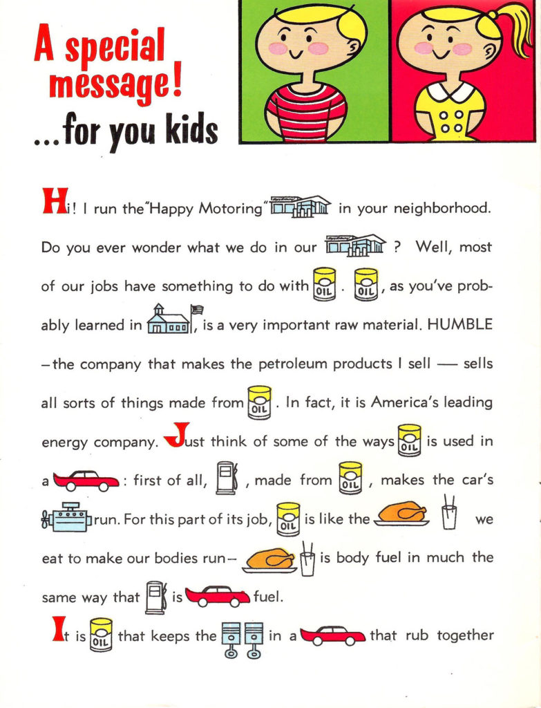 A special message for kids. Game in an activity booklet for kids published by Esso Gas Stations, circa 1960s.