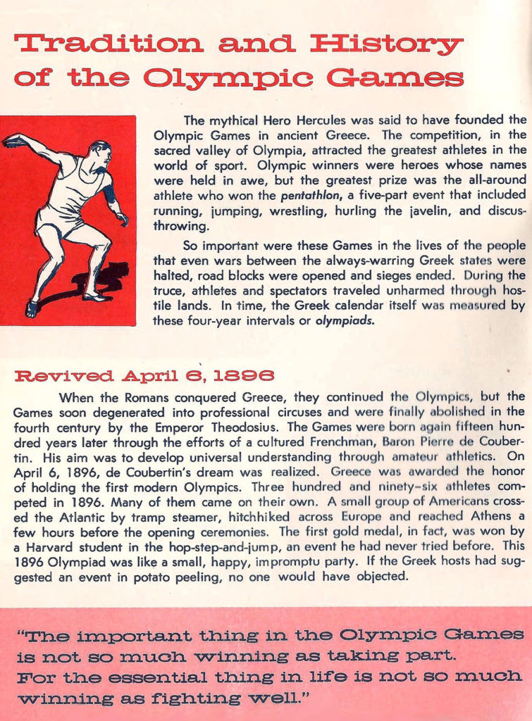 History of the games. Article in a Comic-type booklet describing the different types of events to be held in the 1956 Olympics.