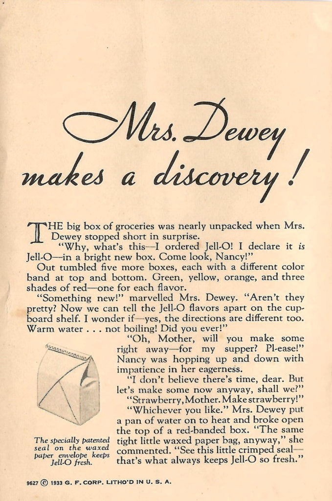 Mrs. Dewey Makes a Discovery. Article in a Jell-O recipe booklet published in 1933.
