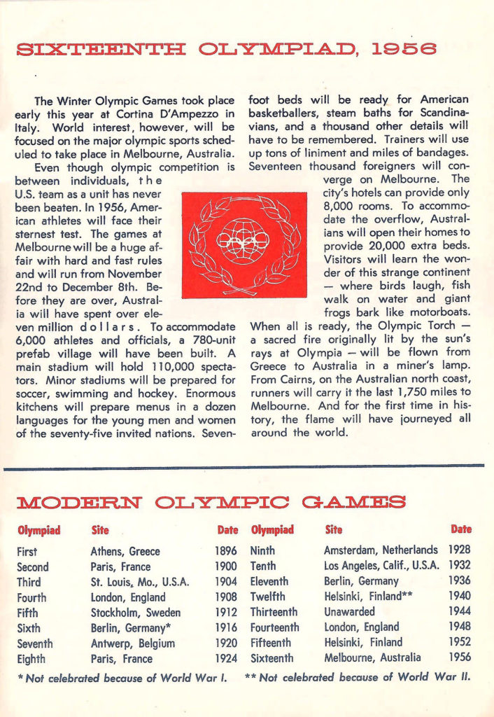 The sixteenth Olympiad. Article in a Comic-type booklet describing the different types of events to be held in the 1956 Olympics.