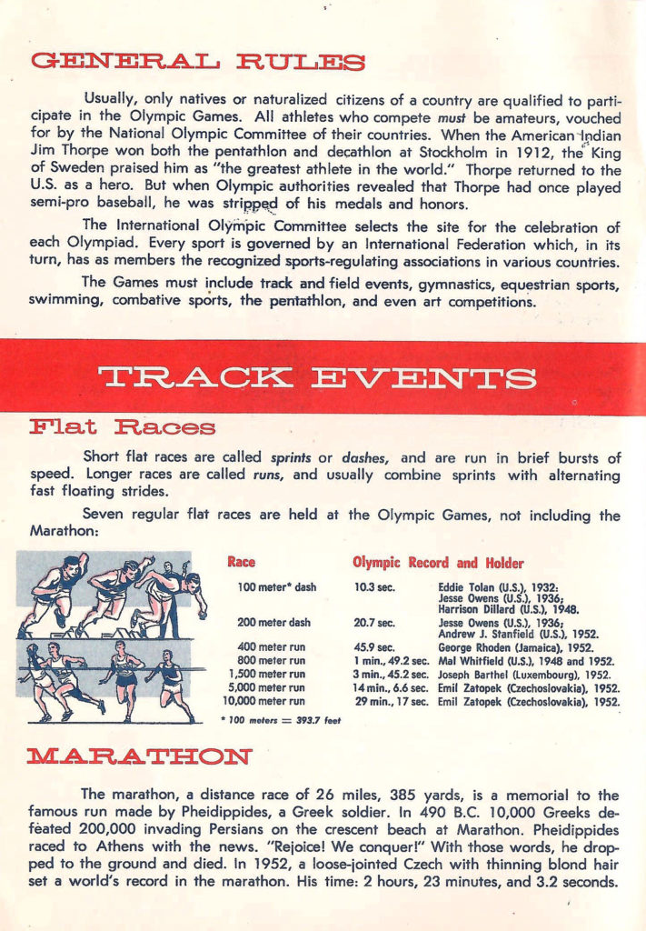 General rules and details on track events. Article in a Comic-type booklet describing the different types of events to be held in the 1956 Olympics.
