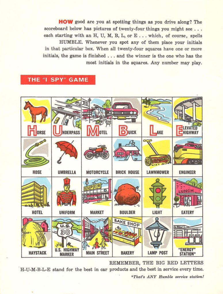 I Spy game. Activity in a booklet for kids published by Esso Gas Stations, circa 1960s.