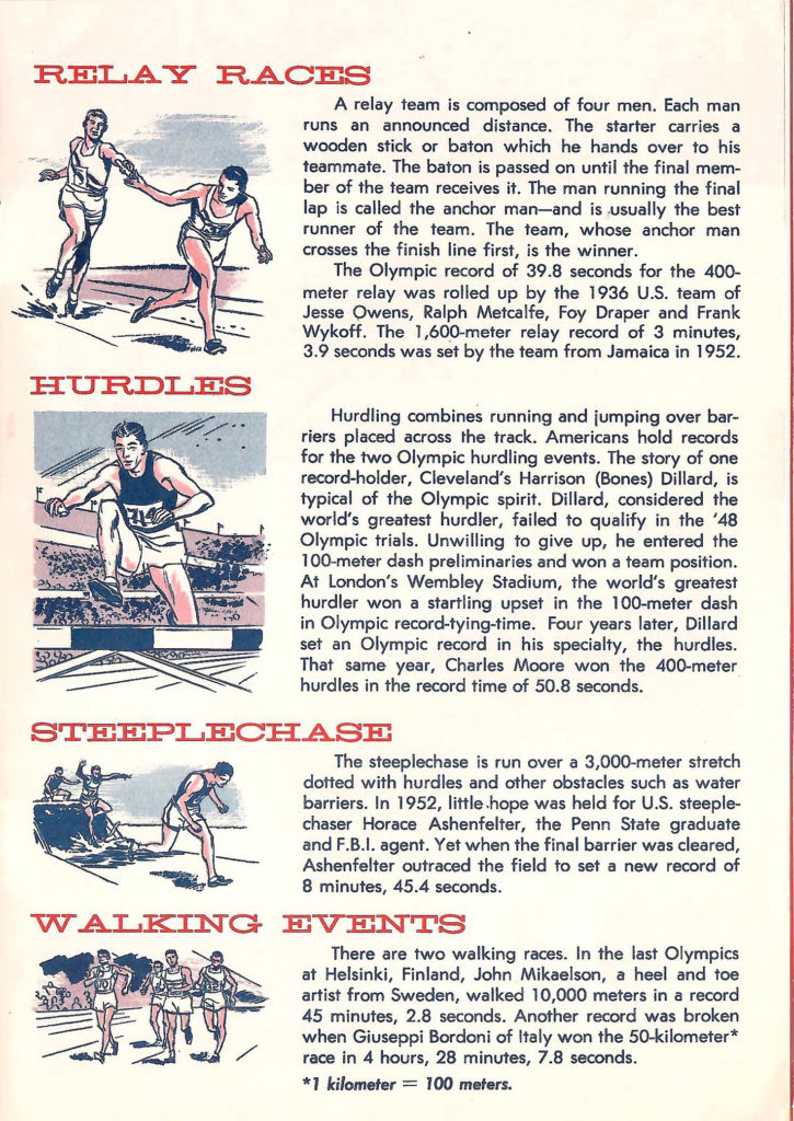 Relay races, hurdles, steeplechase and walking events. Article in a Comic-type booklet describing the different types of events to be held in the 1956 Olympics.